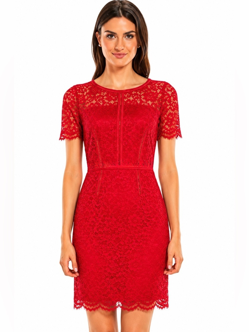 Elle Red Lace Sheath Dress Scalloped Hem Short Sleeve Size XS (See Measurements)